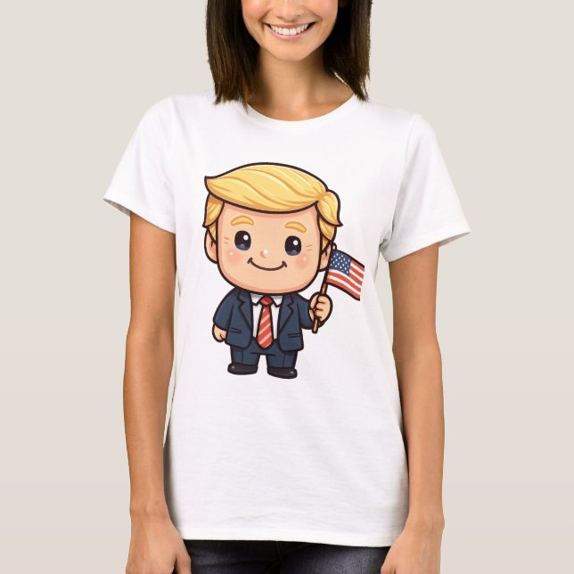 Cute Cartoon Trump T-Shirt | Patriotic American Fl (Framsida)
