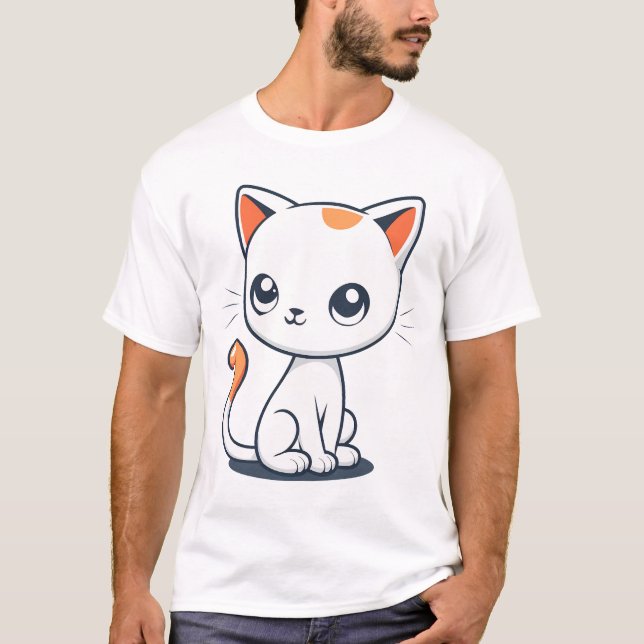 Cute Cartoon White Cat Illustration T Shirt (Framsida)