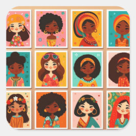 Cute cartoon women of colour sticker fyrkantigt klistermärke