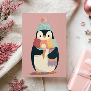Cute Cartoony Penguin Eating Ice Cream - nytt år Vykort