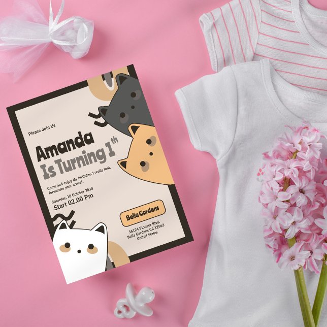 Cute Cat 1:a födelsedagsinbjudan Inbjudningar (Skapare uppladdad)