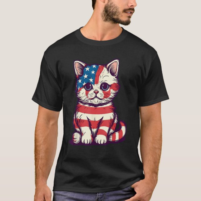 Cute Cat 4th Of July Hat Patriotic American Flag P T Shirt (Framsida)