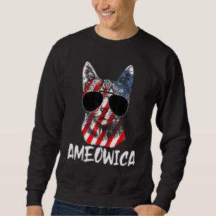 Cute Cat Ameowica 4 juli Patriotic American F Lång Ärmad Tröja