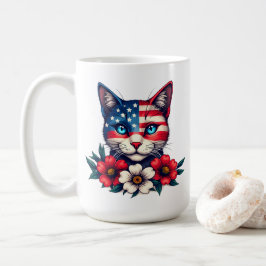 Cute Cat American Flagga och Red Flowers Patriotic Kaffemugg
