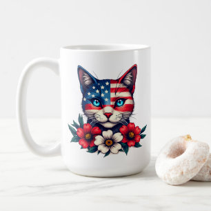 Cute Cat American Flagga och Red Flowers Patriotic Kaffemugg