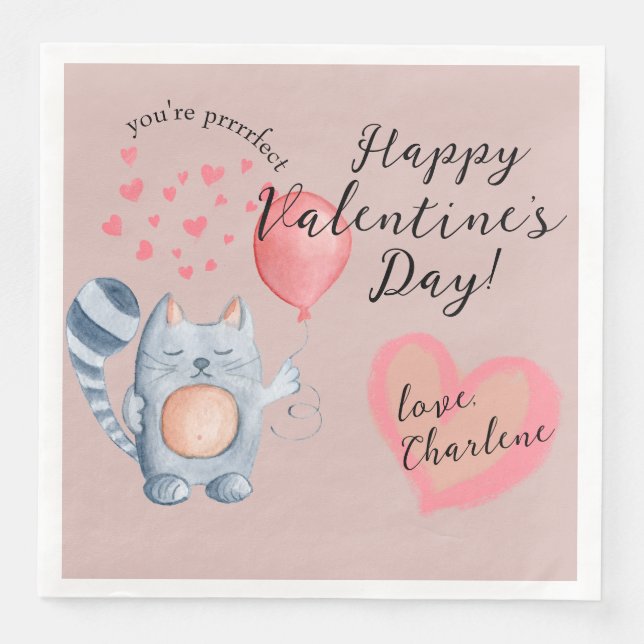 Cute Cat and Balloon Valentine Day Pappersservett (Framsida)