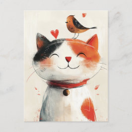 Cute Cat and Bird Friends Vykort