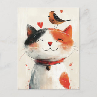 Cute Cat and Bird Friends Vykort