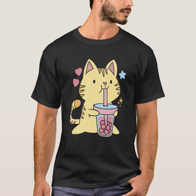 Cute Cat And Boba T Shirt (Framsida)