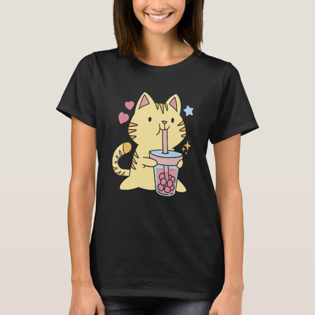 Cute Cat And Boba T Shirt (Framsida)