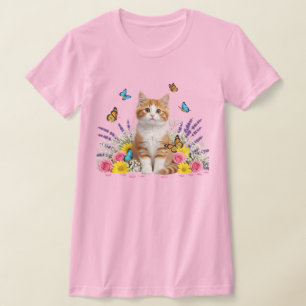Cute Cat and Butterfly Blommigt T-Shirt