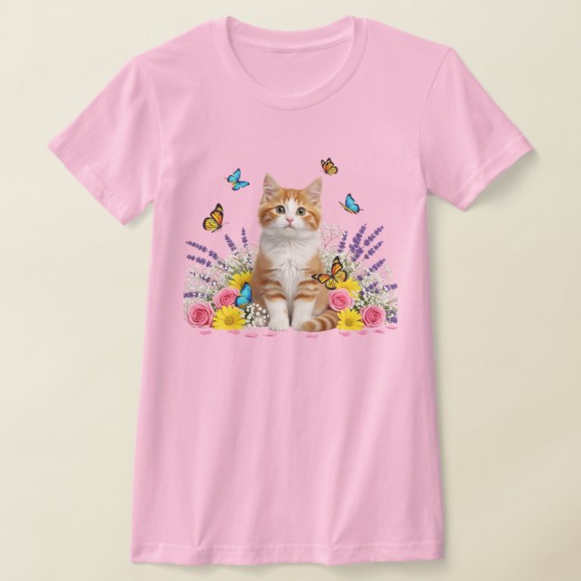 Cute Cat and Butterfly Blommigt T-Shirt (Laydown)
