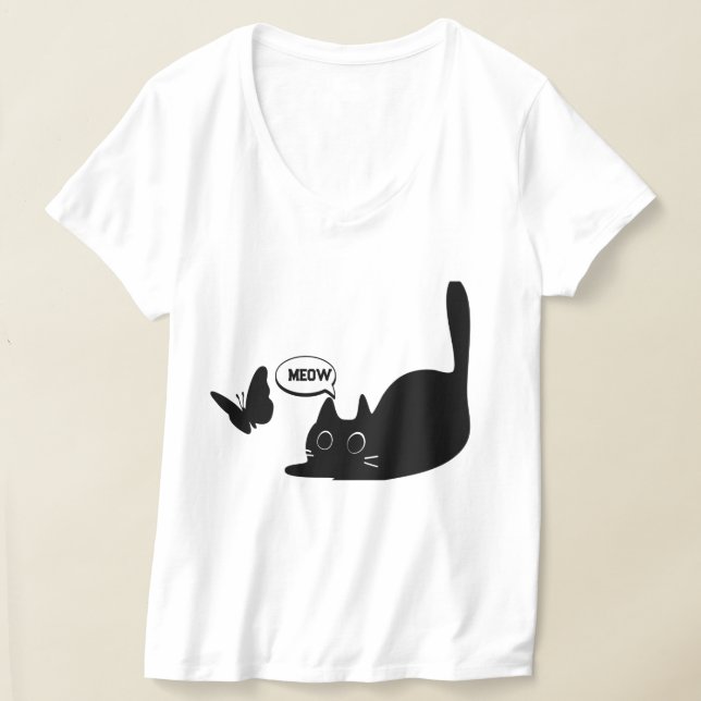 Cute Cat and Butterfly Meow T Shirt (Laydown)