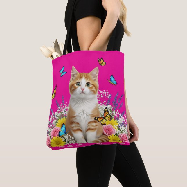 Cute Cat and Butterfly Tote Bag Tygkasse (Närbild)