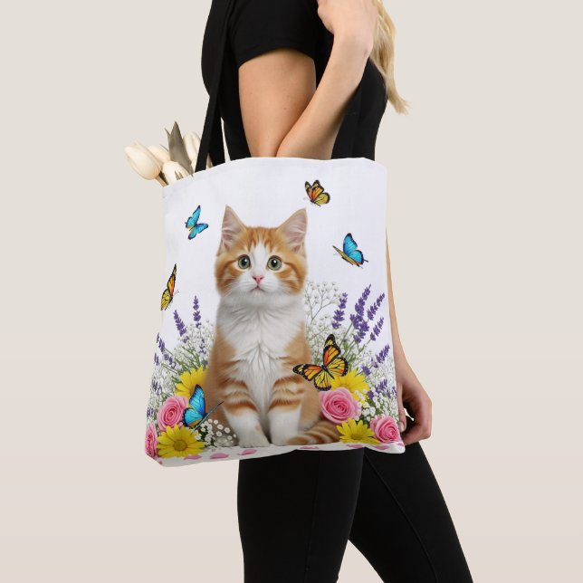 Cute Cat and Butterfly Tote Bag Tygkasse (Närbild)