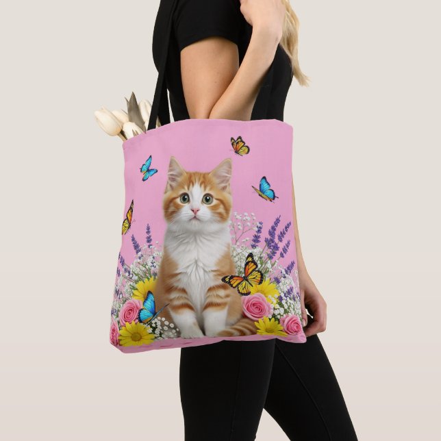 Cute Cat and Butterfly Tote Bag Tygkasse (Närbild)