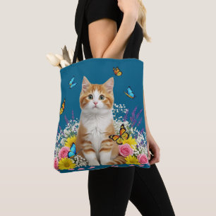 Cute Cat and Butterfly Tote Bag Tygkasse