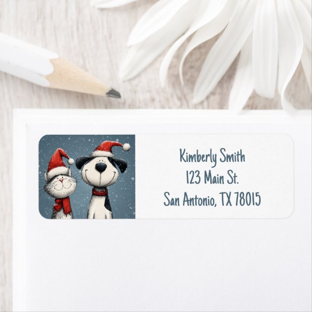Cute Cat and Dog Christmas Address Returadress Etikett (Insitu)