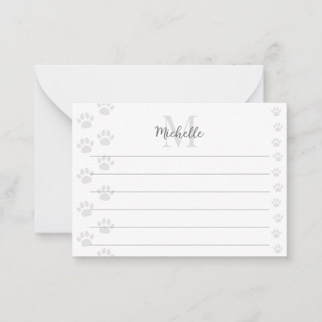 Cute Cat and Dog Pet Paw Prints Lined Monogram Anteckningskort (Framsida)