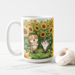 Cute Cat and Dog Sunflower Field Mug Kaffemugg