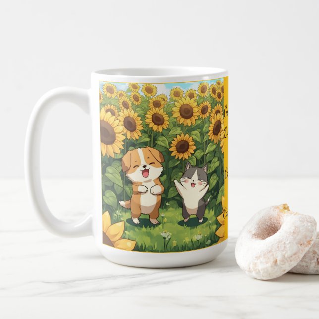 Cute Cat and Dog Sunflower Field Mug Kaffemugg (Med munk)