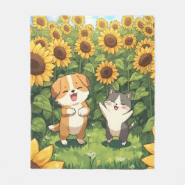 Cute Cat and Dog Sunflower Fleece Blanket