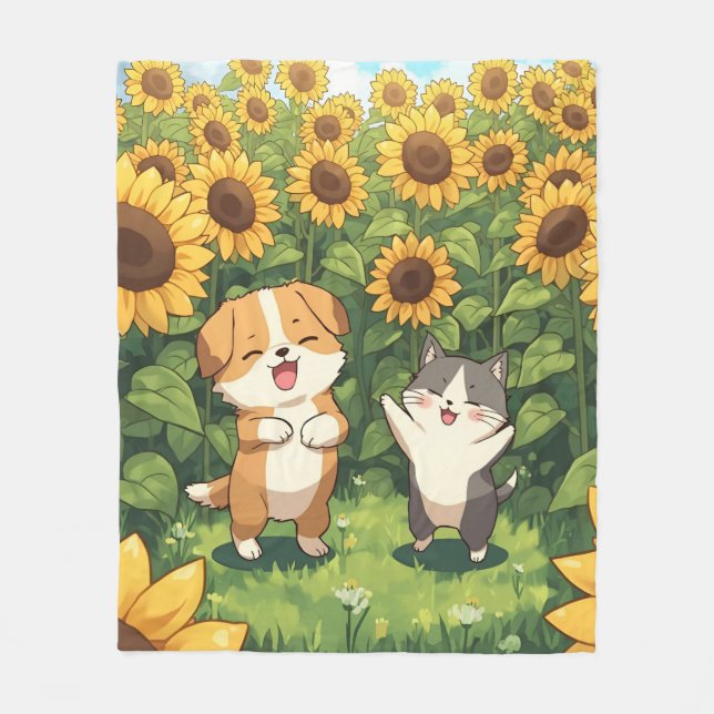 Cute Cat and Dog Sunflower Fleece Blanket (Framsidan)