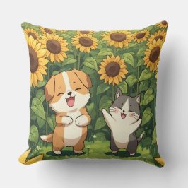 Cute Cat and Dog Sunflower Throw Pillow Kudde