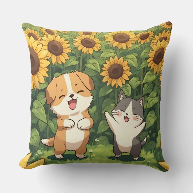 Cute Cat and Dog Sunflower Throw Pillow Kudde (Framsida)