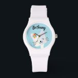Cute Cat and Flowers Dotty Personlig Armbandsur<br><div class="desc">Söt smiley cat ansikte på pastellbakgrunden.</div>