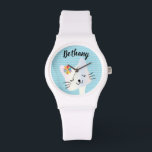 Cute Cat and Flowers Dotty Personlig Armbandsur<br><div class="desc">Söt smiley cat ansikte på pastellbakgrunden.</div>