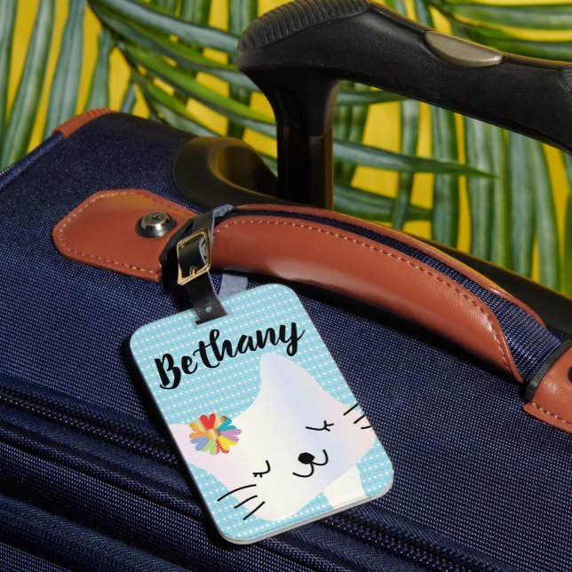Cute Cat and Flowers Dotty Personlig Bagagebricka (Framsida Insitu 1)
