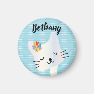 Cute Cat and Flowers Dotty Personlig Magnet