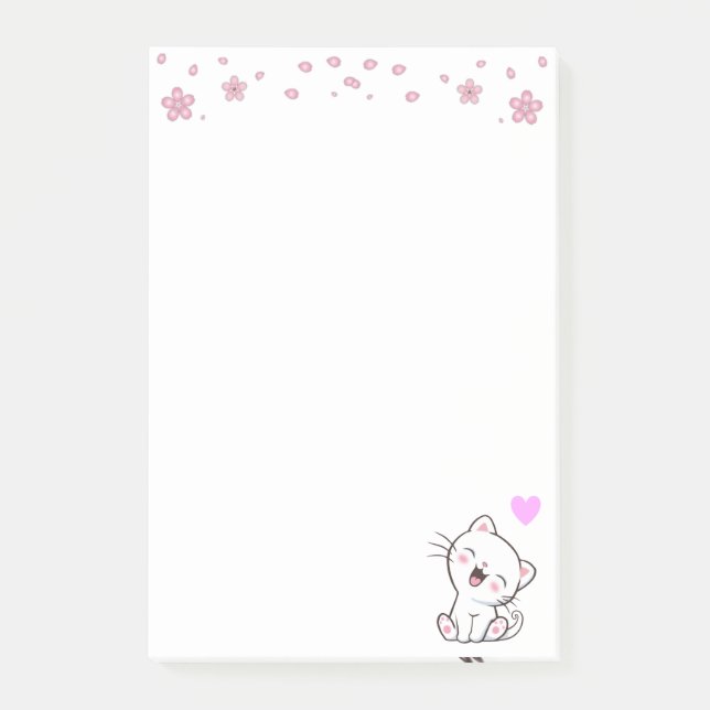 Cute Cat and Flowers on White Post-it Block (Framsida)