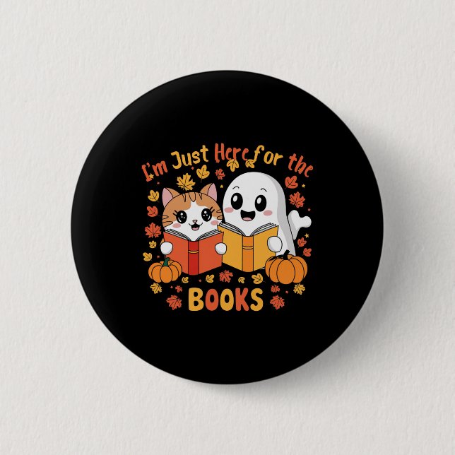Cute Cat and Ghost Reading Halloween Bokar Scene Knapp (Framsida)