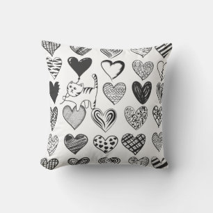 Cute Cat and Heart Black and White Mönster Kudde