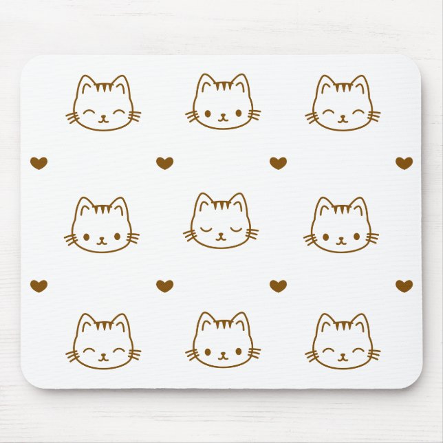 Cute Cat and Heart Pattern Brown on White Musmatta (Framsidan)