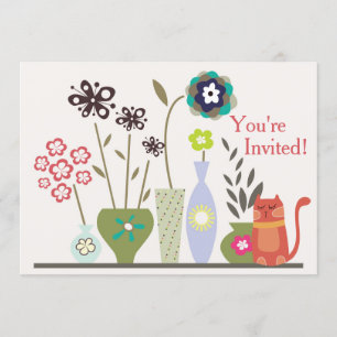Cute Cat and Poted Flowers Birthday Inbjudningar