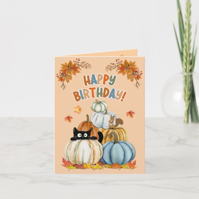 Cute Cat and Pumpkins Fall/Halloween Birthday Helgkort (Framsida)