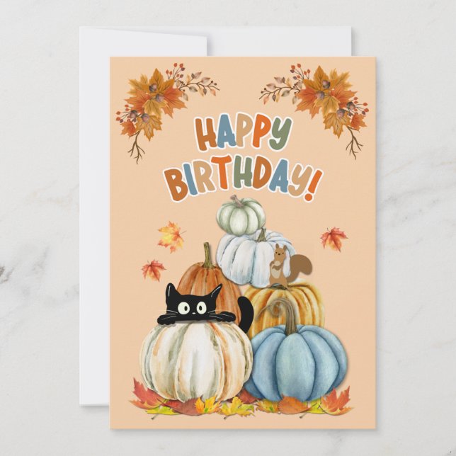 Cute Cat and Retro Pumpkins Fall Birthday Julkort (Framsida)