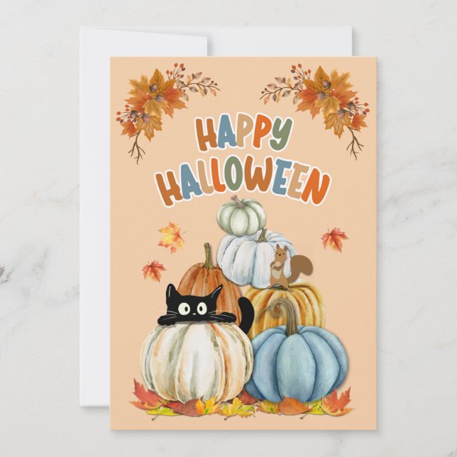 Cute Cat and Retro Pumpkins Happy halloween Card Julkort (Framsida)