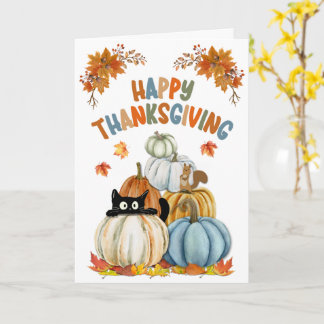 Cute Cat and Retro Pumpkins Happy Thanksgiving Kort