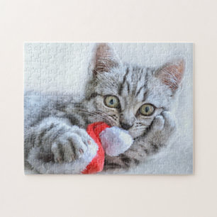 Cute Cat and Santa Claus Hat Pussel