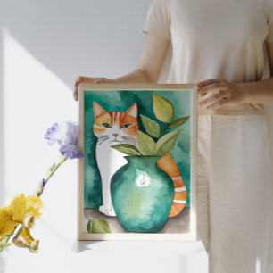 Cute Cat and Teal Grönt Vas botaniskt vattenfärg Poster