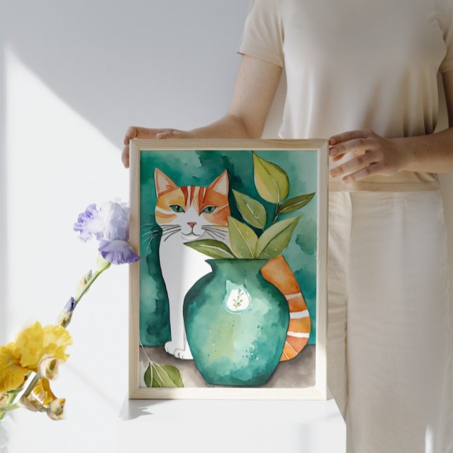 Cute Cat and Teal Grönt Vas botaniskt vattenfärg Poster (Skapare uppladdad)