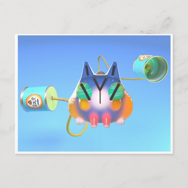 Cute cat and tin can telephone made from soup cans vykort (Framsida)