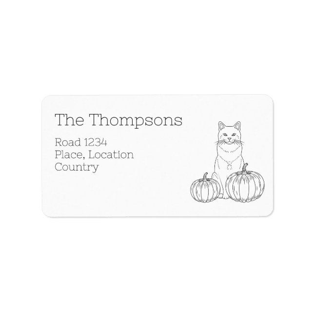 Cute Cat and Two Festive Pumpkins Autumn Line Art Adressetikett (Framsidan)