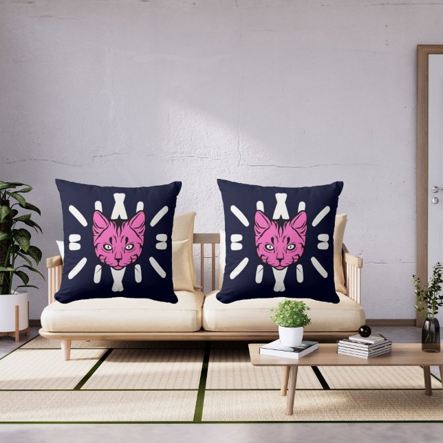 Cute Cat and White Rand på den moderna djupa marin Kudde (Skapare uppladdad)