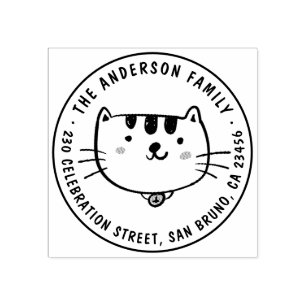 Cute Cat Anpassningsbar Family Namn Round-Returadr Stämpel