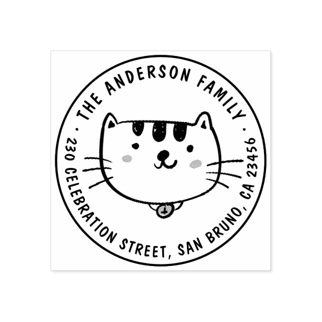 Cute Cat Anpassningsbar Family Namn Round-Returadr Stämpel (Tryck)